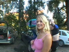 Perky blond outside with a pulsating hard dick
